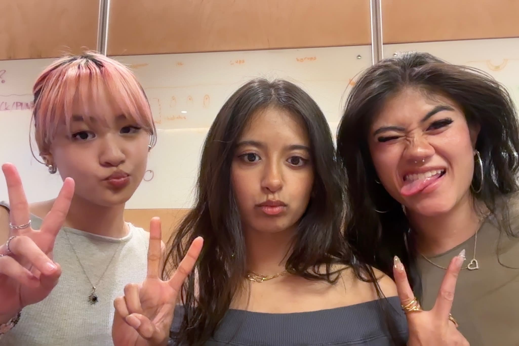 Mei, Erin, and Nimita posing together indoors.